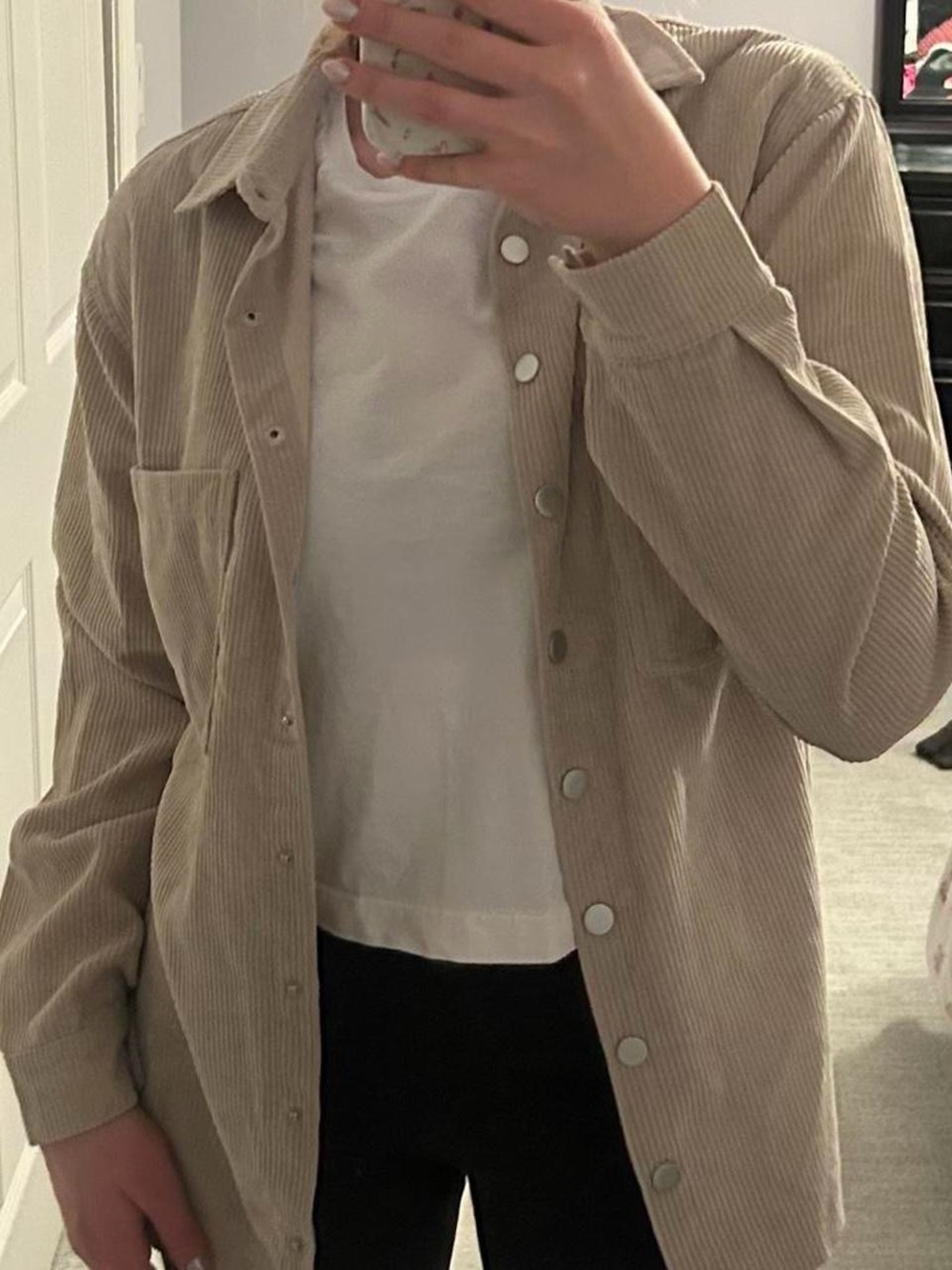 Beige Corduroy Button-Up Shirt Jacket